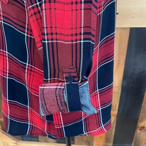 Love Notes red, white and blue plaid shirt with tab sleeves, size S - Picture 4 of 6